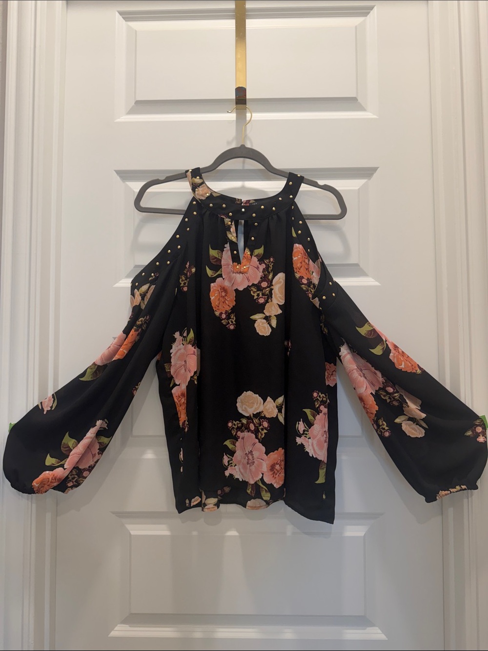 INC International Concepts Black Floral Cold-Shoulder Blouse with Pink Roses
